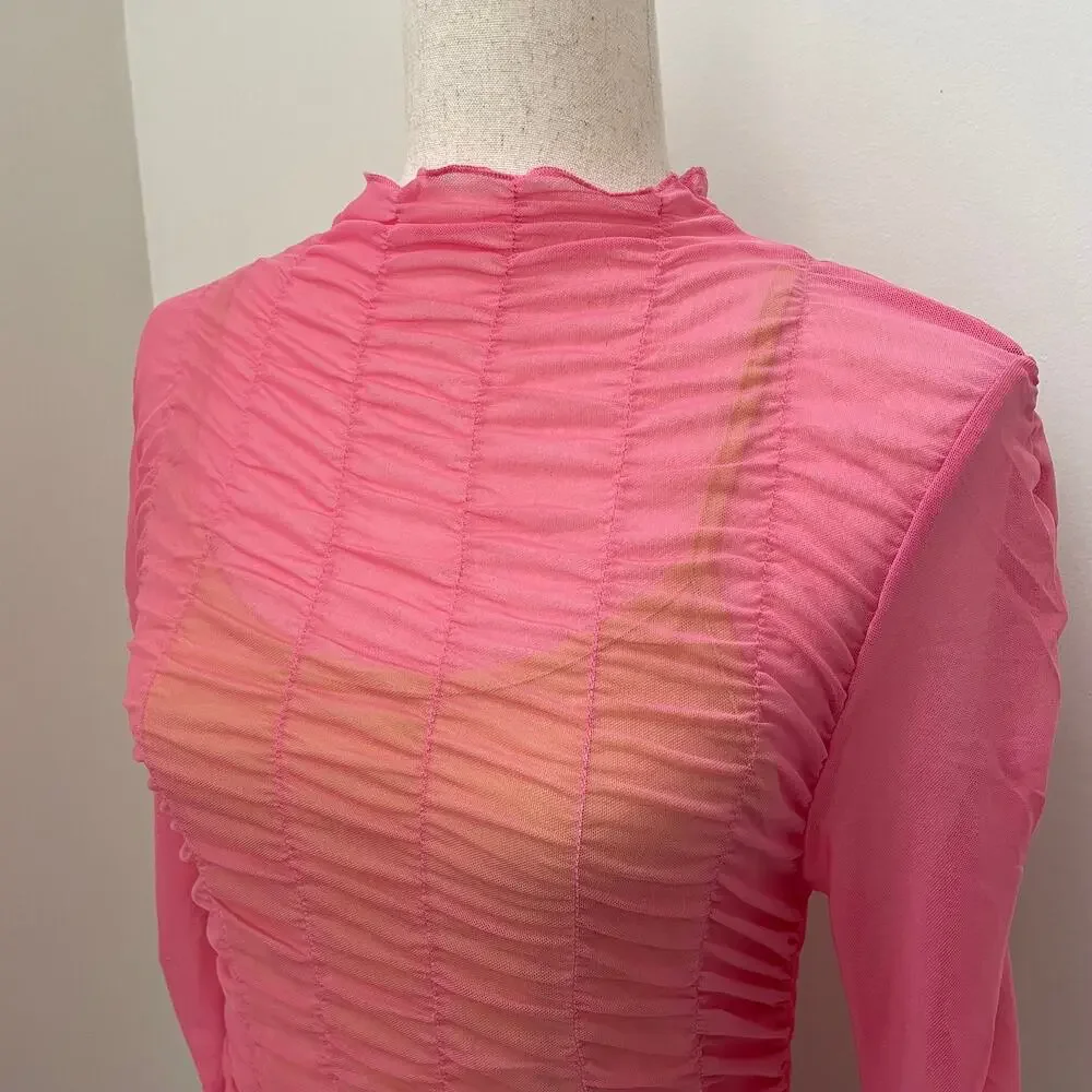 TOPSHOP Dress Size M 8/10 Hot Pink Sheer Layered Mesh Mini Ruched Long Sleeve